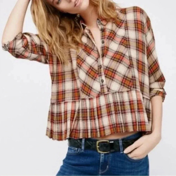 Free People Tops - Free People Promise Everything Plaid Peplum Top Women’s Small